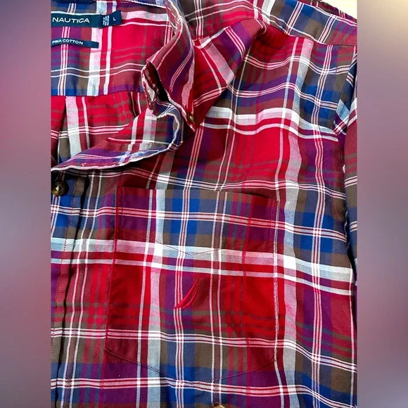 Nautica Plaid Button Down Men's Shirt Size Large Red & Blue - Picture 4 of 5